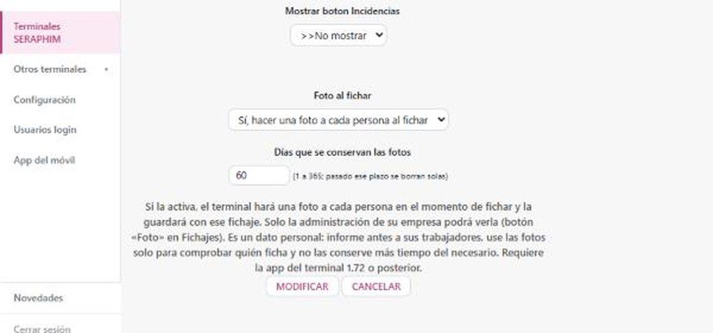 «Photo on clocking» setting on the terminal